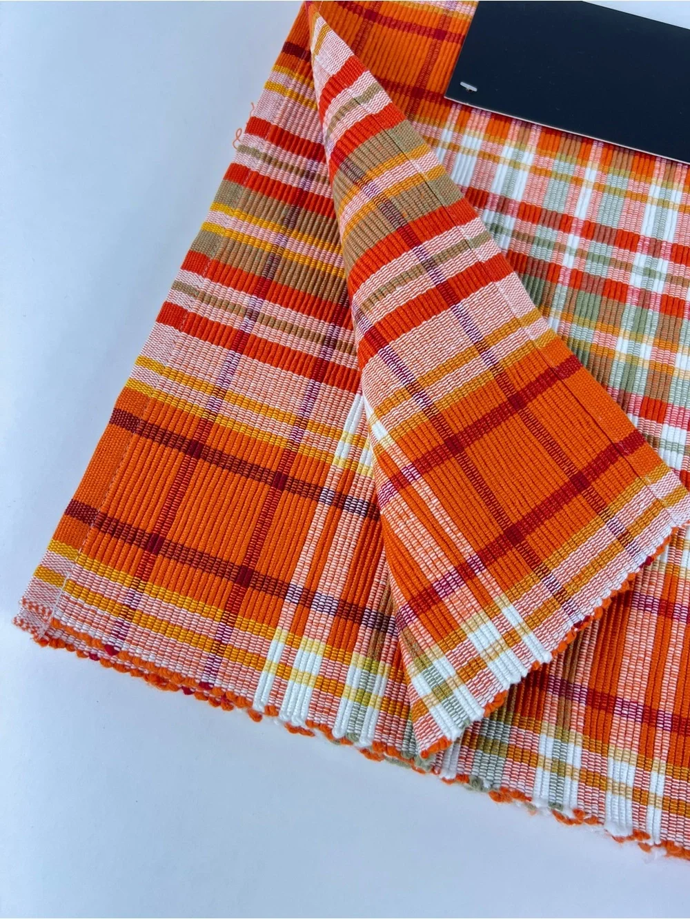 Rachel Zoe FALL Plaid Placemat Set Orange Red White Green Cotton Set of 8 NEW